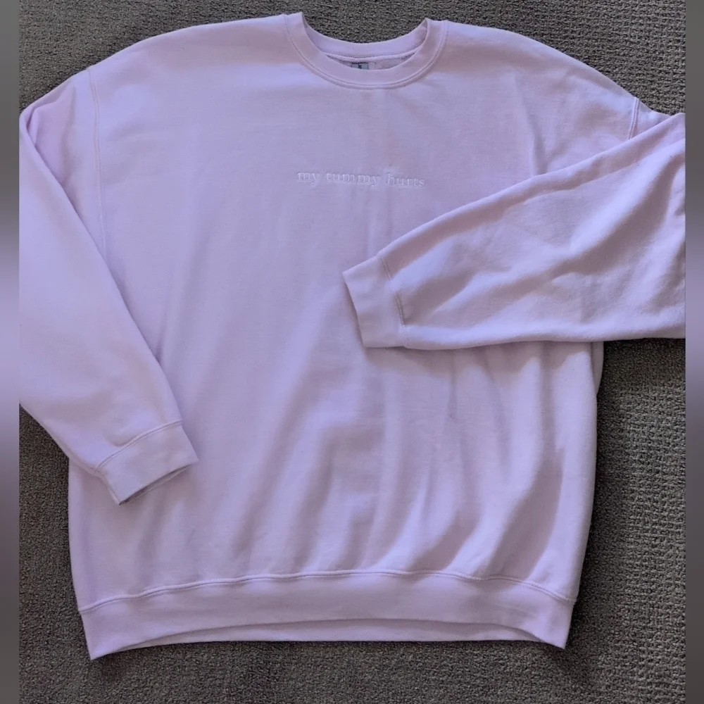 Gildan Women's "My Tummy Hurts" Graphic Light Pink Custom Crewneck Sweatshirt - Picture 1 of 11